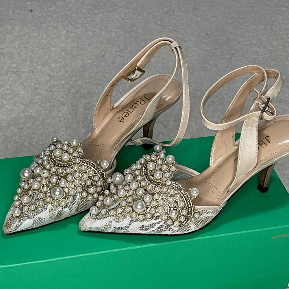 J Renee
Floral Pearl Ornament Ankle Strap Pumps